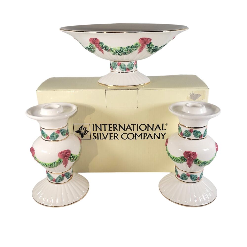 Holiday Candy Dish, 2 Candle Holders International Silver Co Ivory Gold Trim
